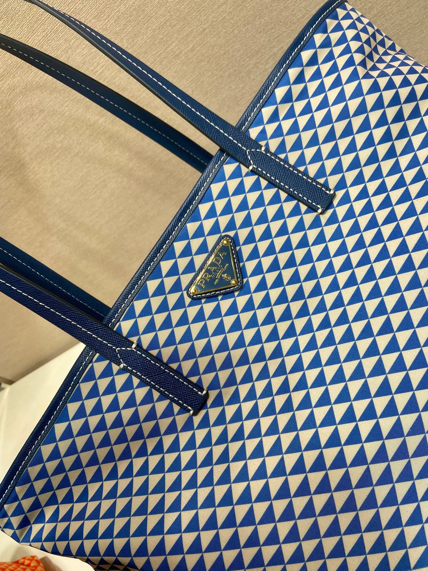 TOTE BAG 33 IN BLUE MIX WHITE TRIANGLE PATTERN EMBROIDERED FABRIC mysite