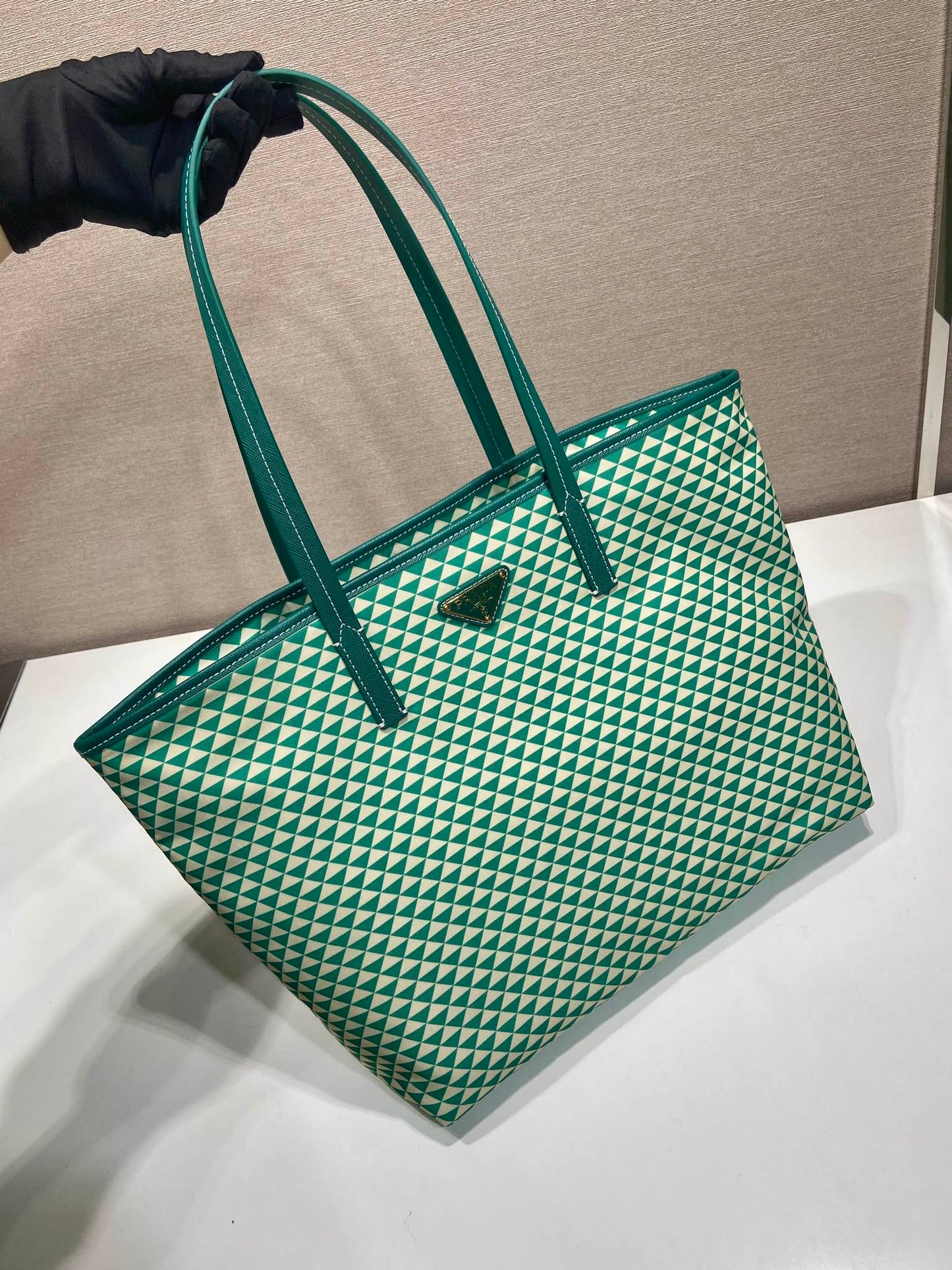 TOTE BAG 33 IN FOREST GREEN MIX CREAM TRIANGLE PATTERN EMBROIDERED FABRIC mysite