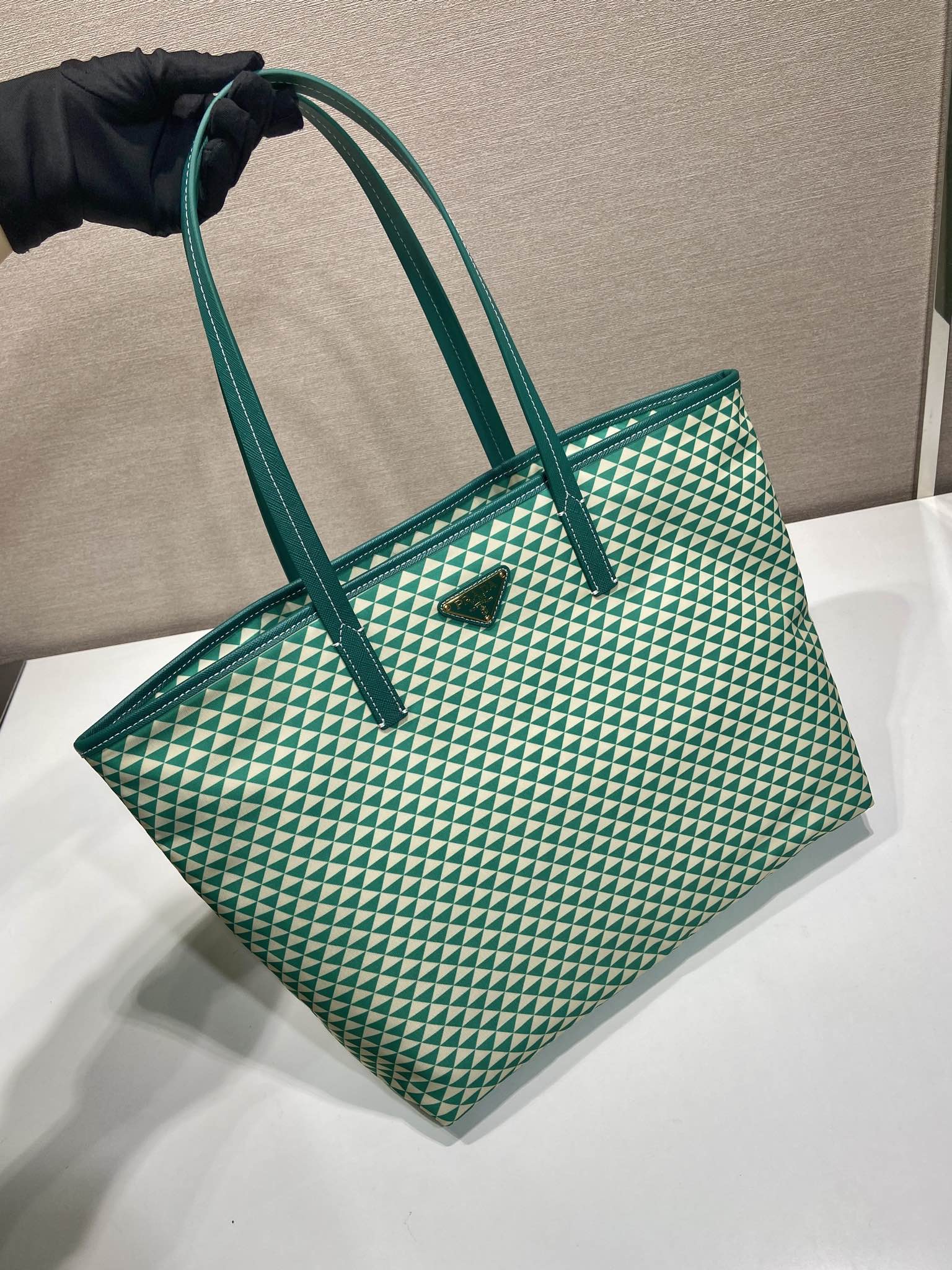 TOTE BAG 33 IN FOREST GREEN MIX CREAM TRIANGLE PATTERN EMBROIDERED FABRIC mysite