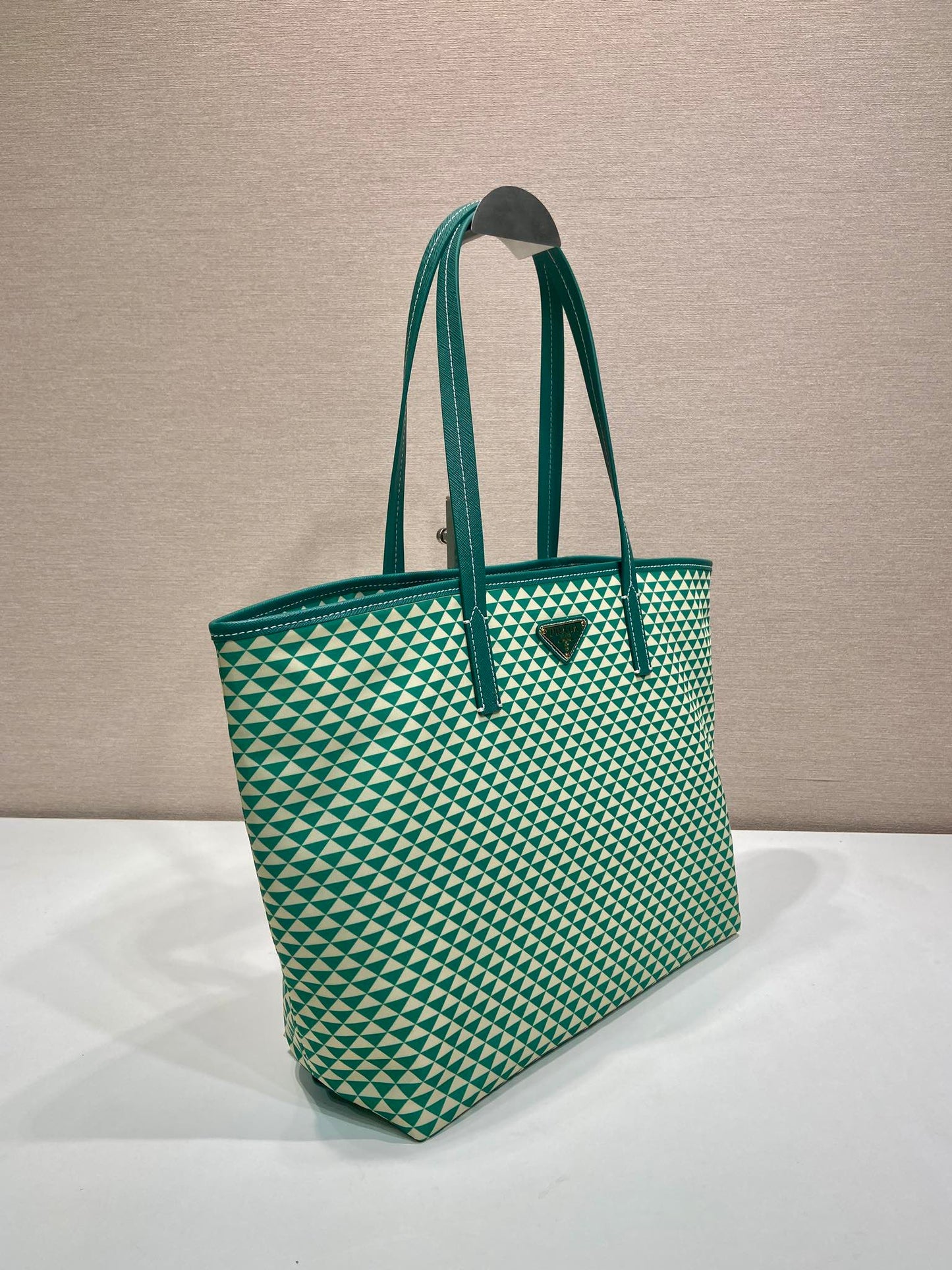 TOTE BAG 33 IN FOREST GREEN MIX CREAM TRIANGLE PATTERN EMBROIDERED FABRIC mysite