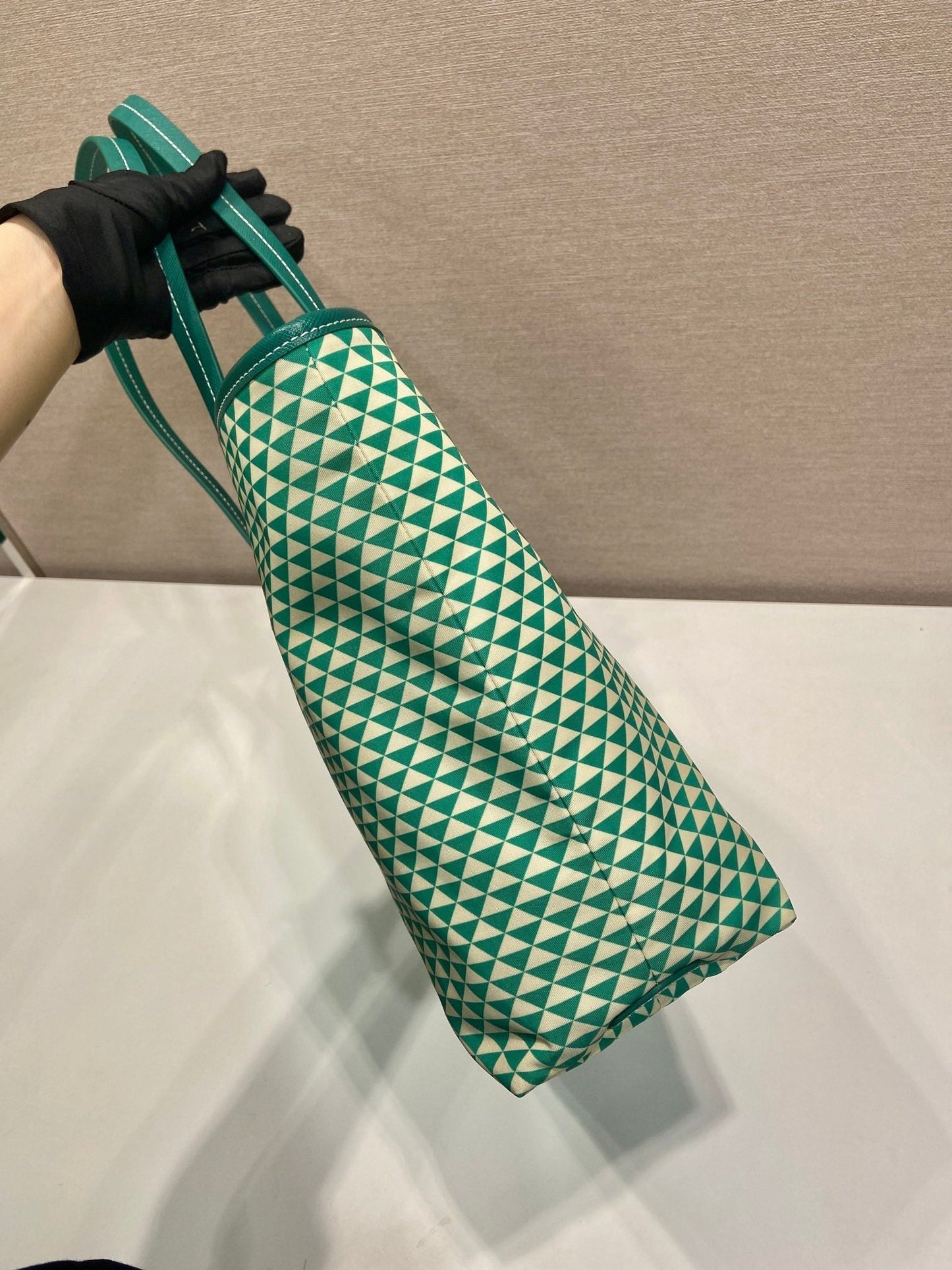 TOTE BAG 33 IN FOREST GREEN MIX CREAM TRIANGLE PATTERN EMBROIDERED FABRIC mysite