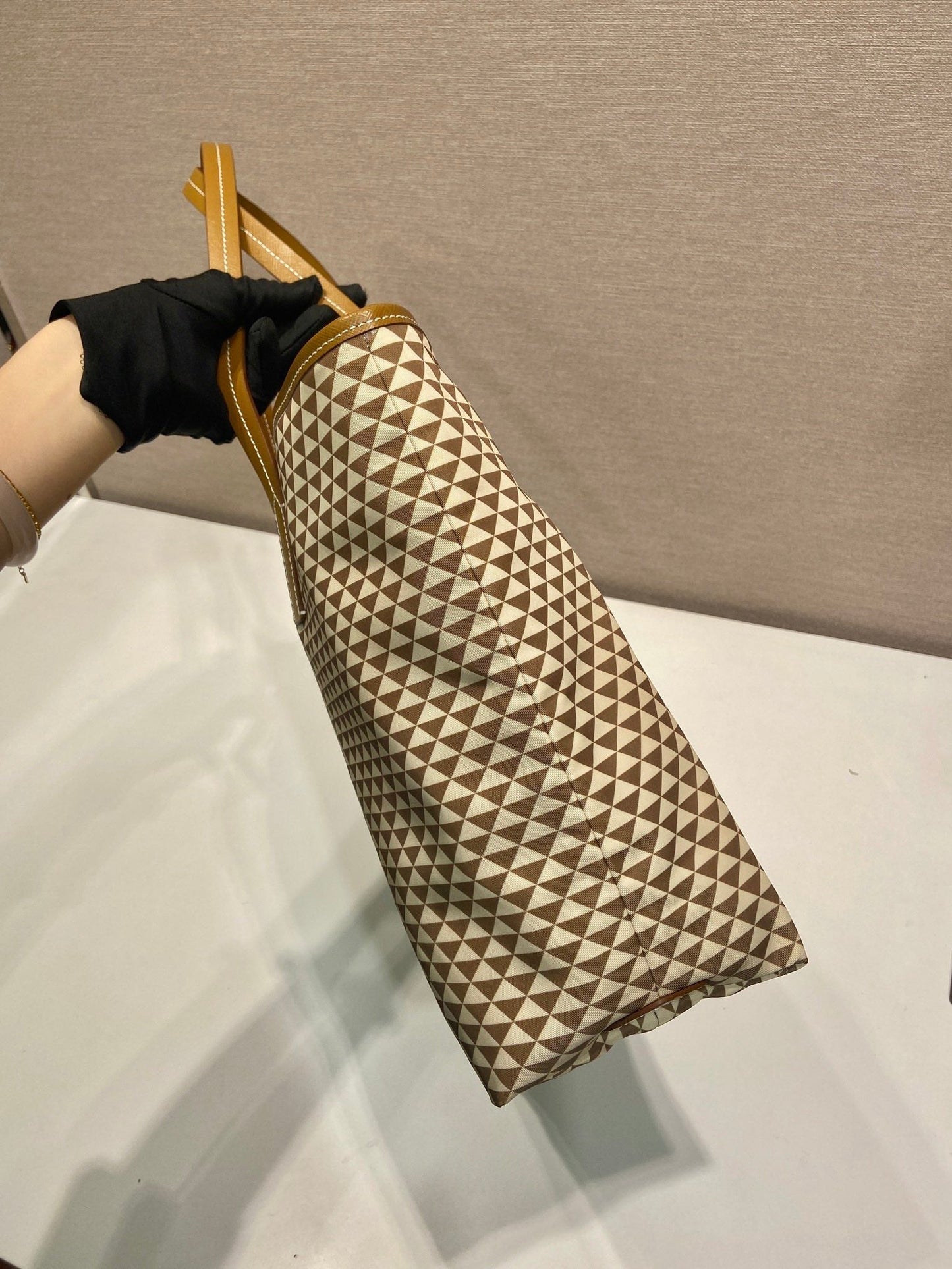 TOTE BAG 33 IN BROWN MIX CREAM TRIANGLE PATTERN EMBROIDERED FABRIC mysite