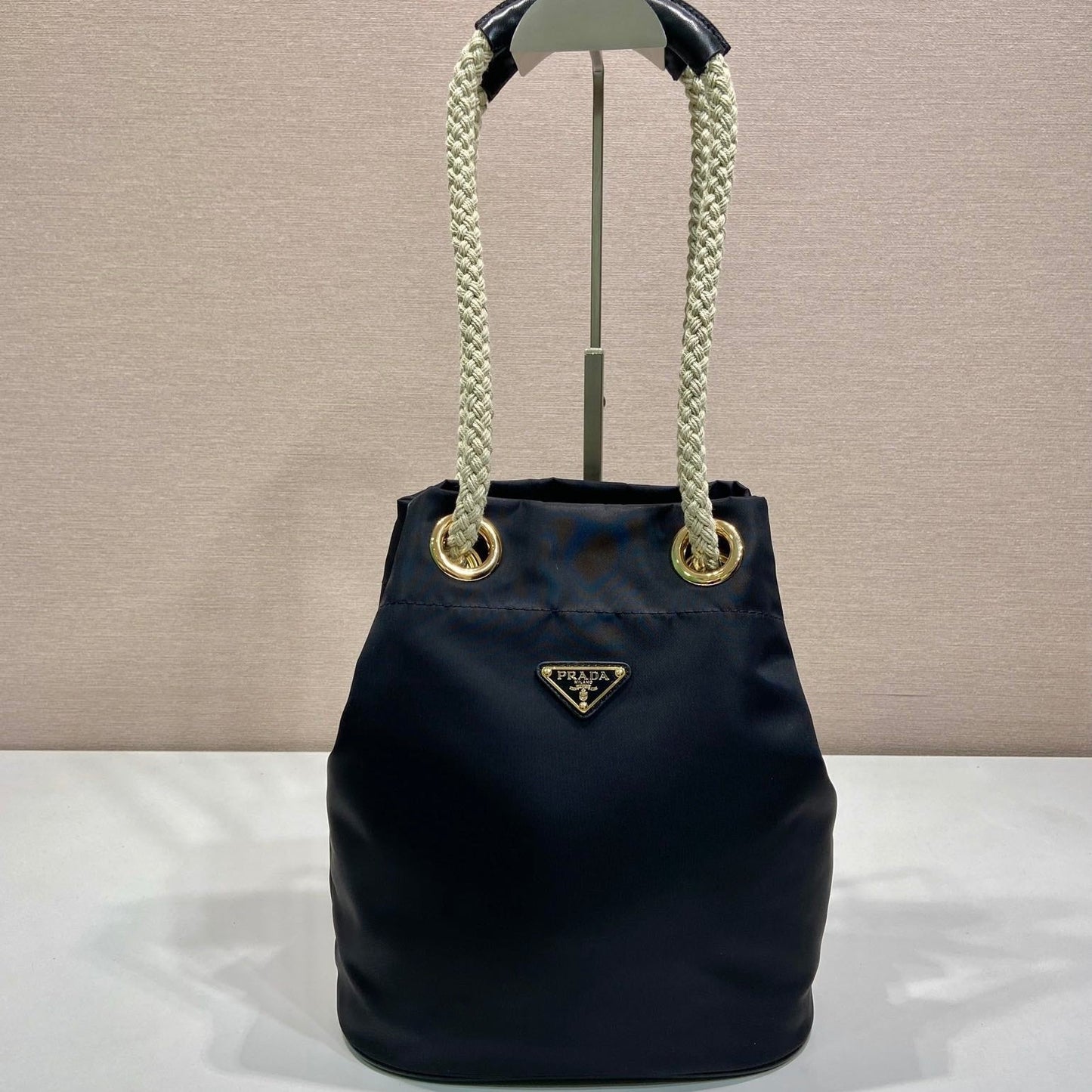 BUCKET BAG 28 IN BLACK RE-NYLON GOLD LOGO mysite
