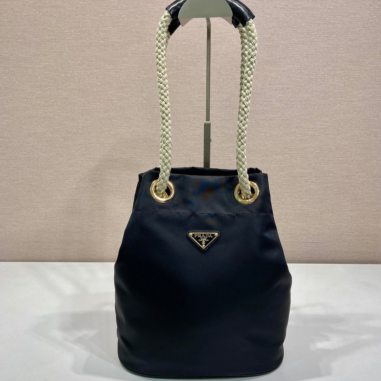 BUCKET BAG 28 IN BLACK RE-NYLON GOLD LOGO mysite