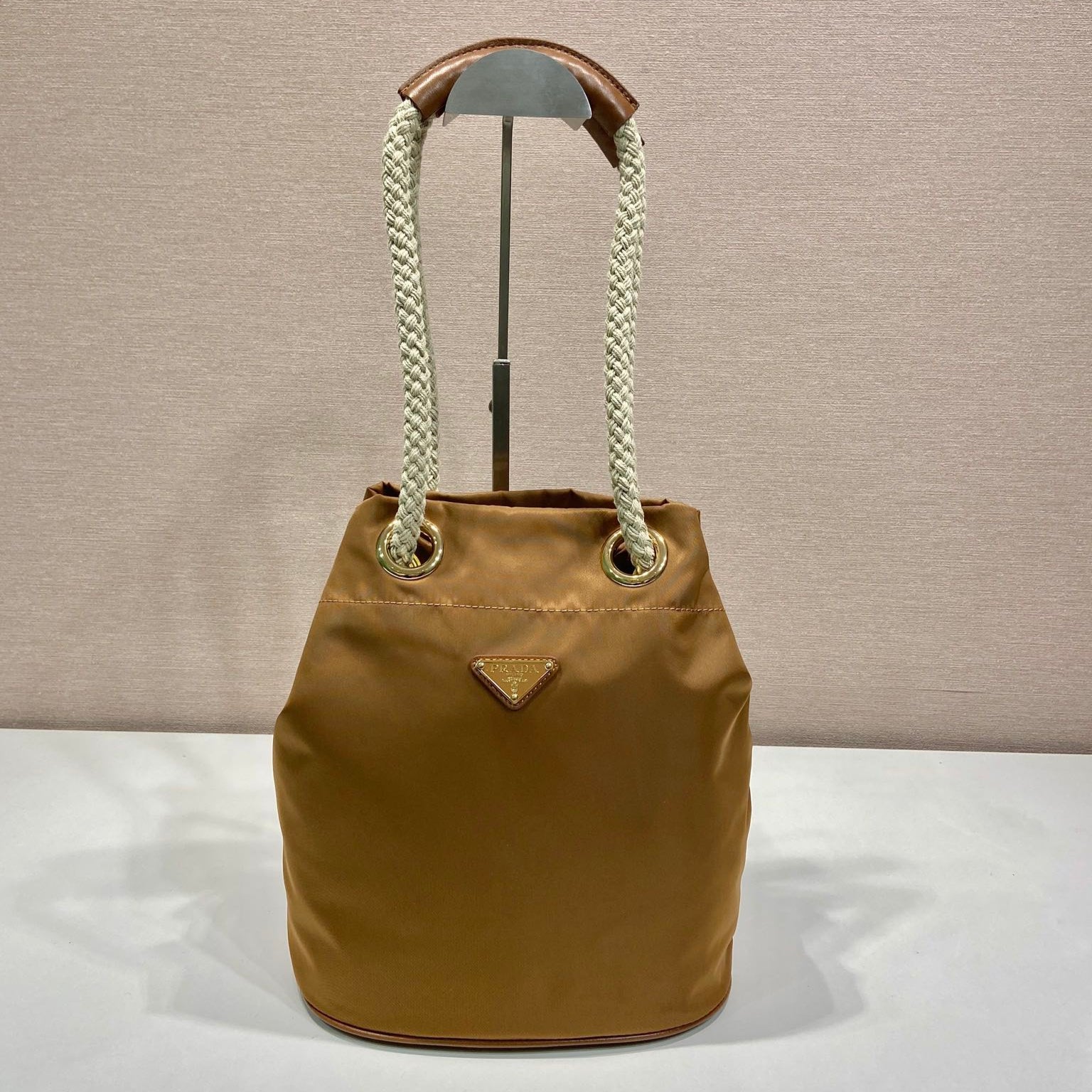 BUCKET BAG 28 IN SEPIA BROWN RE-NYLON GOLD LOGO mysite