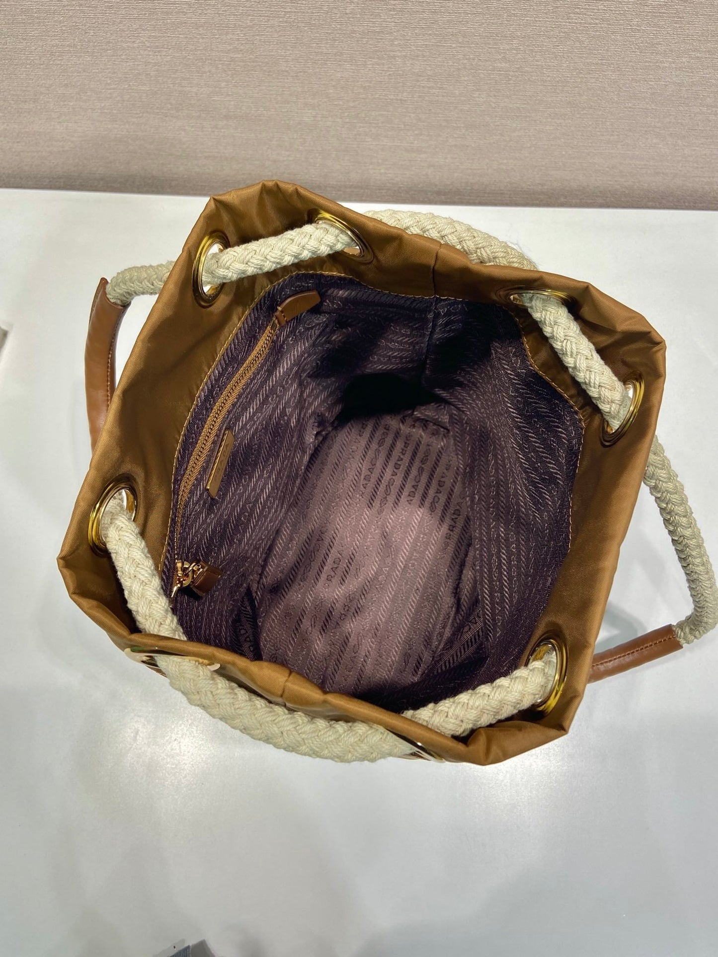 BUCKET BAG 28 IN SEPIA BROWN RE-NYLON GOLD LOGO mysite