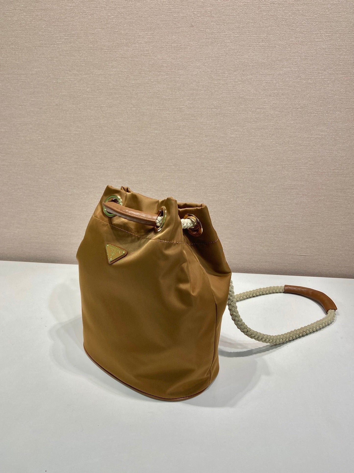 BUCKET BAG 28 IN SEPIA BROWN RE-NYLON GOLD LOGO mysite