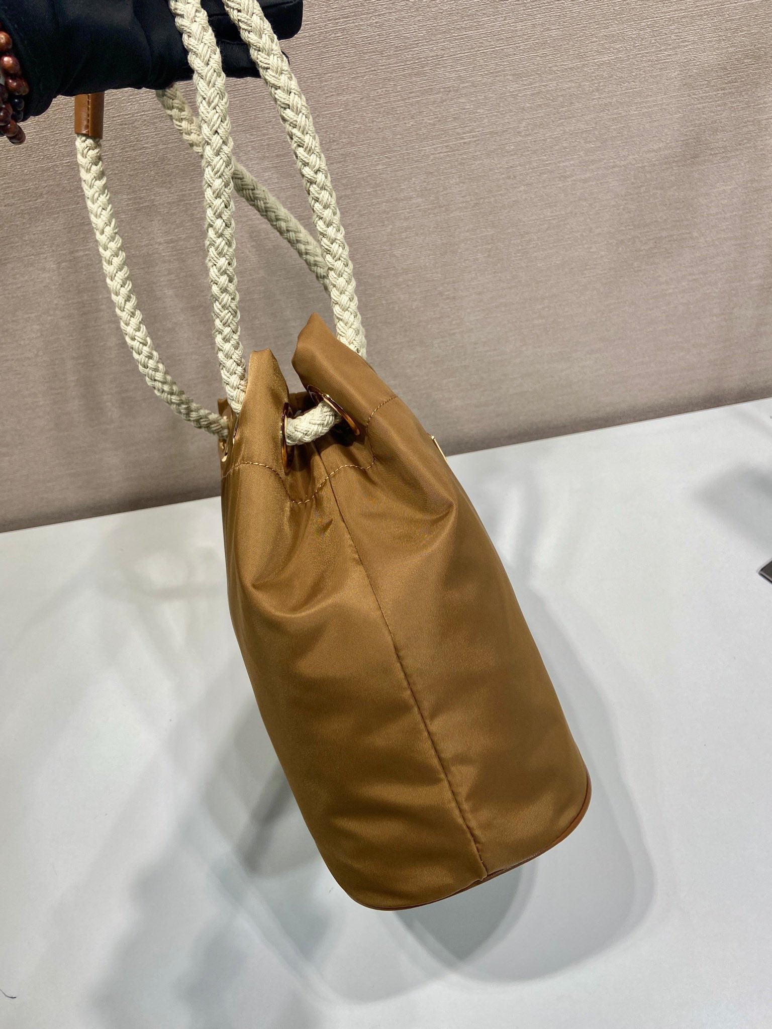 BUCKET BAG 28 IN SEPIA BROWN RE-NYLON GOLD LOGO mysite