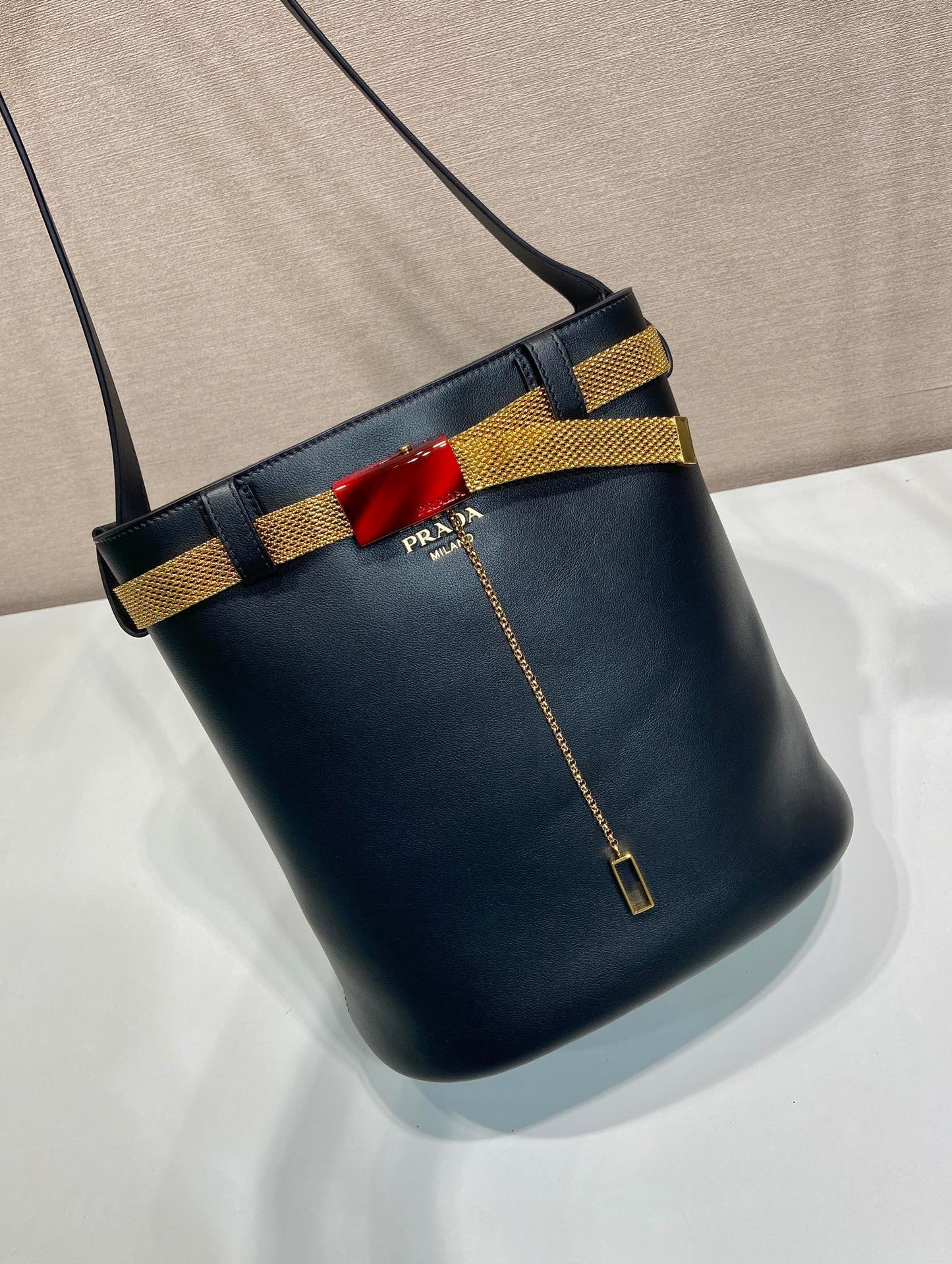 PRA bucket bag iron chain belt black leather 341179 mysite