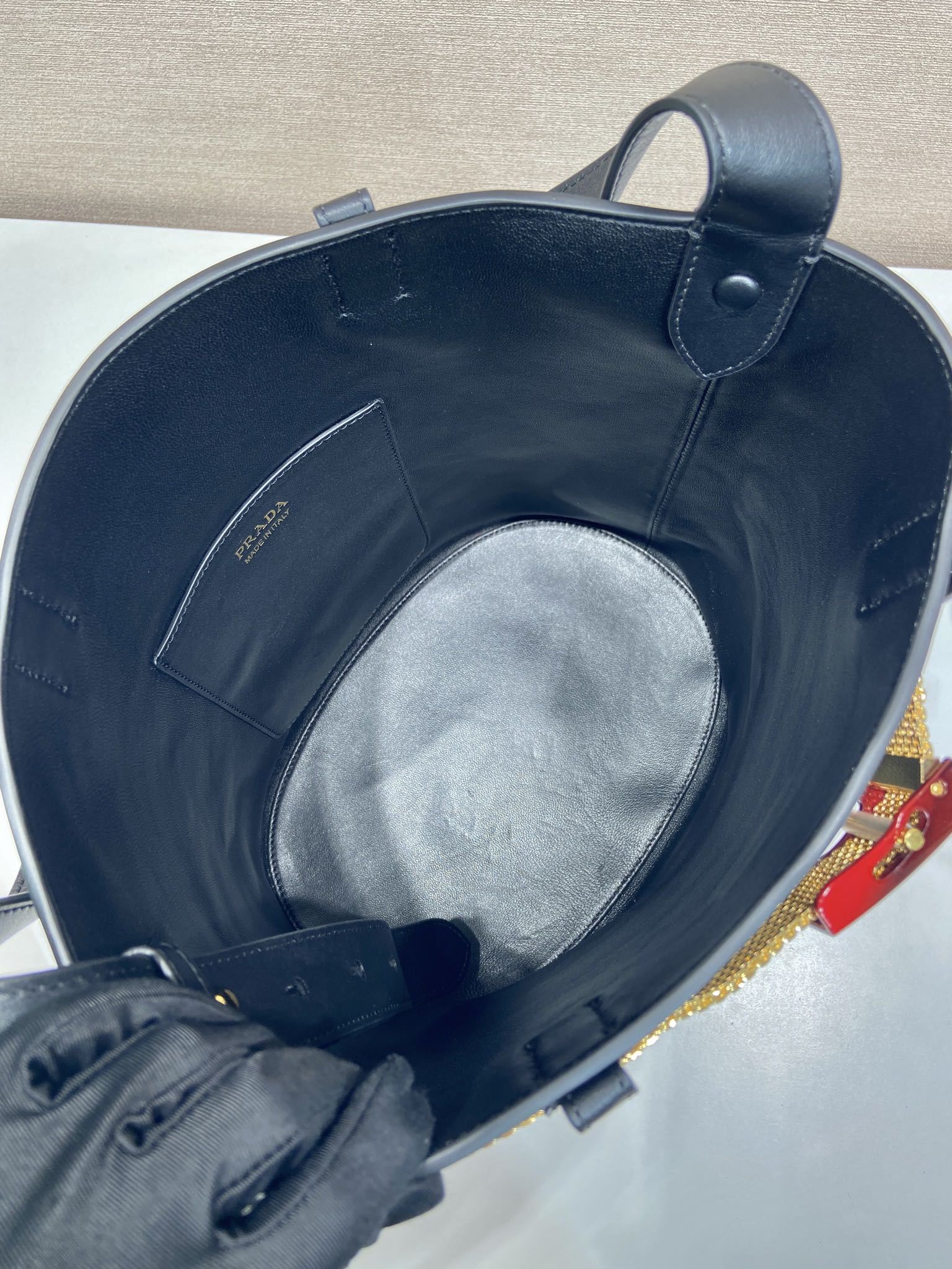 PRA bucket bag iron chain belt black leather 341179 mysite