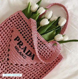 Prada Women's Natural Crochet Tote Bag-Pink mysite