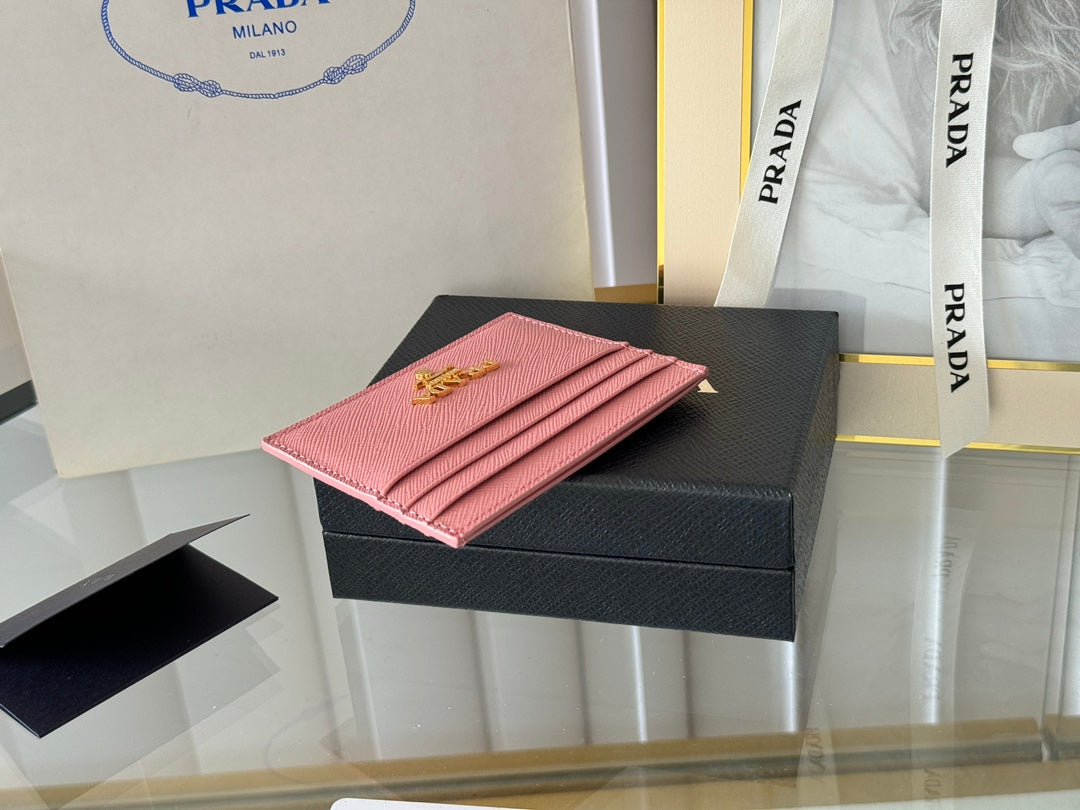 Pra Gold Logo-Stamp Card Holder Pink Saffiano Leather mysite
