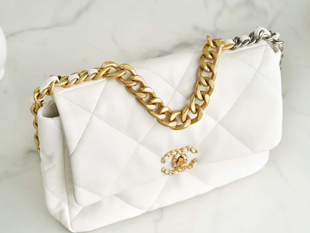 Chanel 19 Large Handbag Lambskin Gold AS1161 White mysite