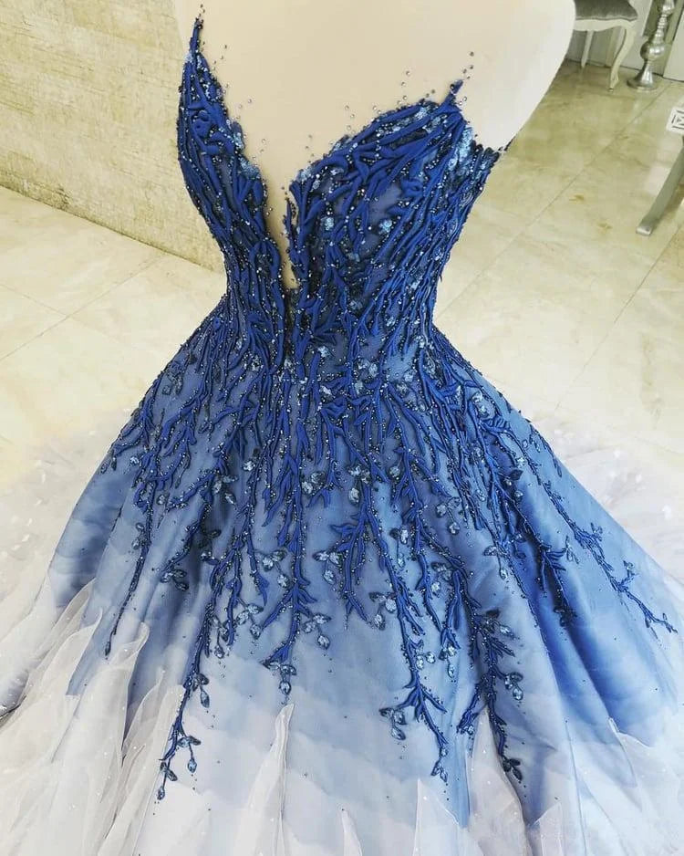 Blue Shiny Elegant V-Neck Applique Gradient Long Ball Gown Prom Dress Evening Dress Adult Ceremony Dress gh3104s mysite