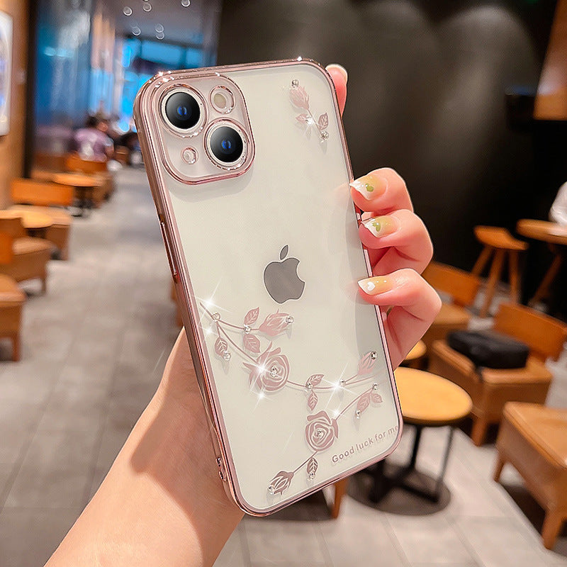 Rhinestone Rose Flower Electroplating Case For iPhone mysite
