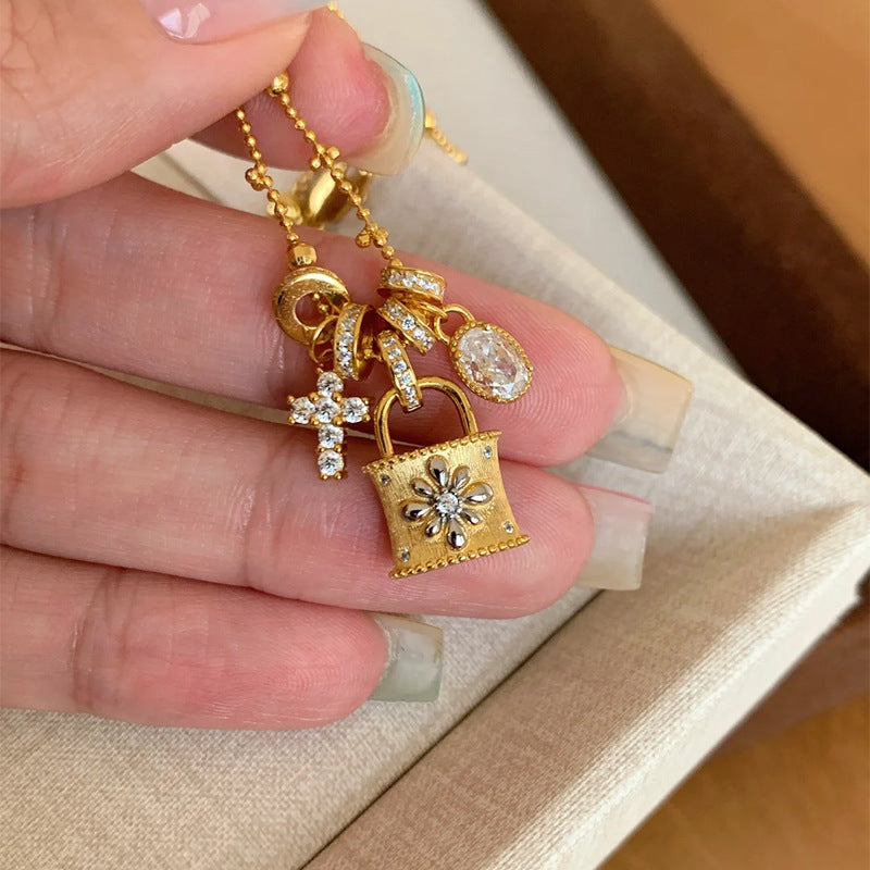 Elegant Cross & Lock Pendant Necklace – Dainty Gold Chain with Crystal Charms mysite