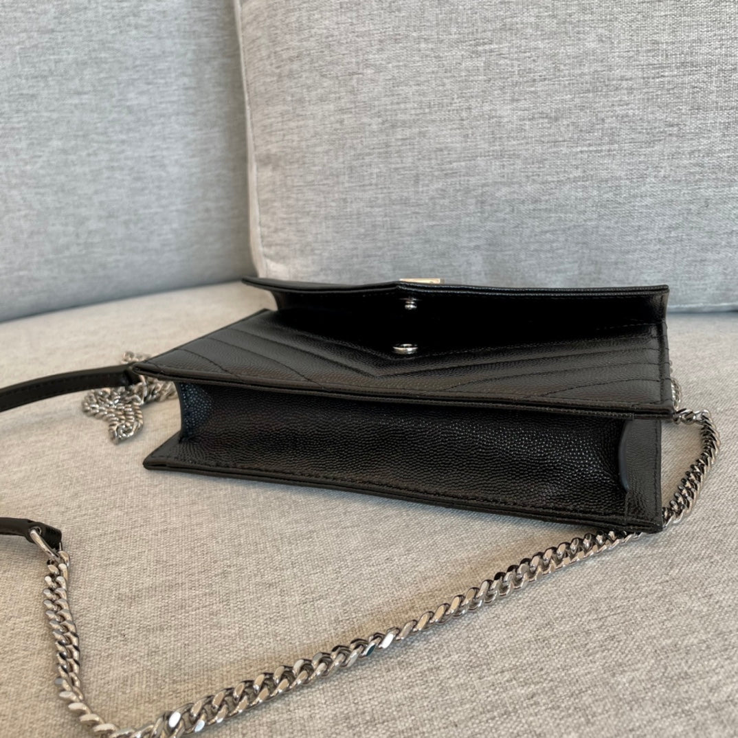 YSL  Cassandre Envelope Chain Wallet Black Grain Leather 19x11.5x4 cm mysite