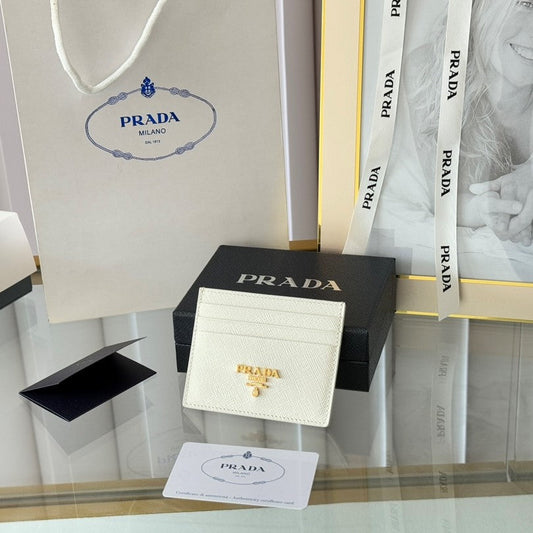 Pra Gold Logo-Stamp Card Holder White Saffiano Leather mysite