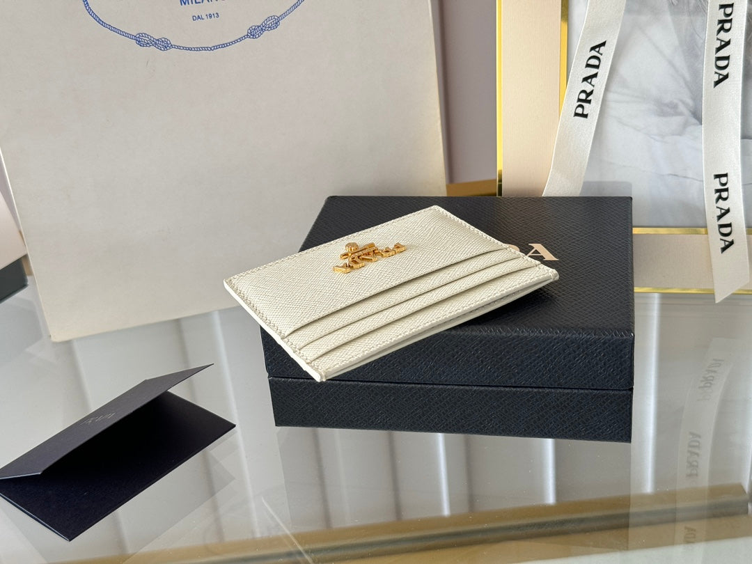 Pra Gold Logo-Stamp Card Holder White Saffiano Leather mysite