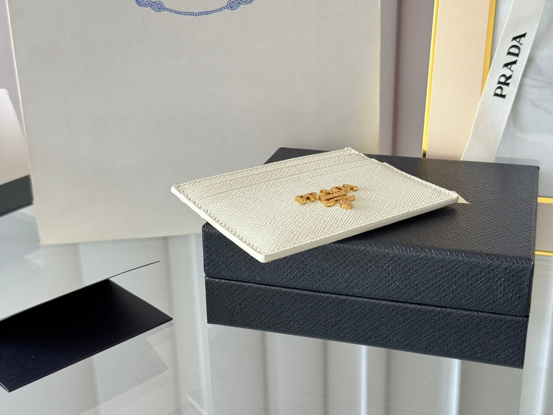 Pra Gold Logo-Stamp Card Holder White Saffiano Leather mysite