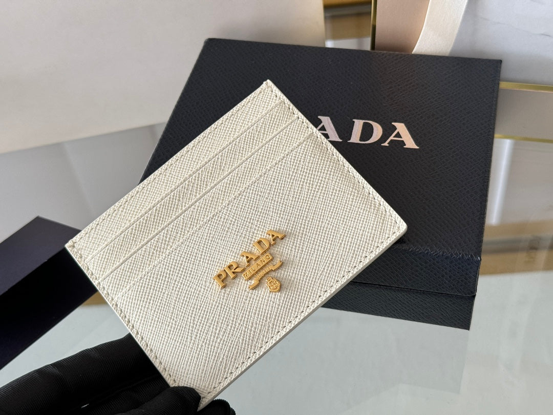 Pra Gold Logo-Stamp Card Holder White Saffiano Leather mysite