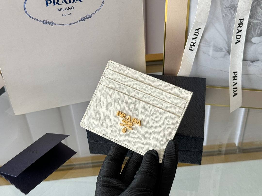 Pra Gold Logo-Stamp Card Holder White Saffiano Leather mysite