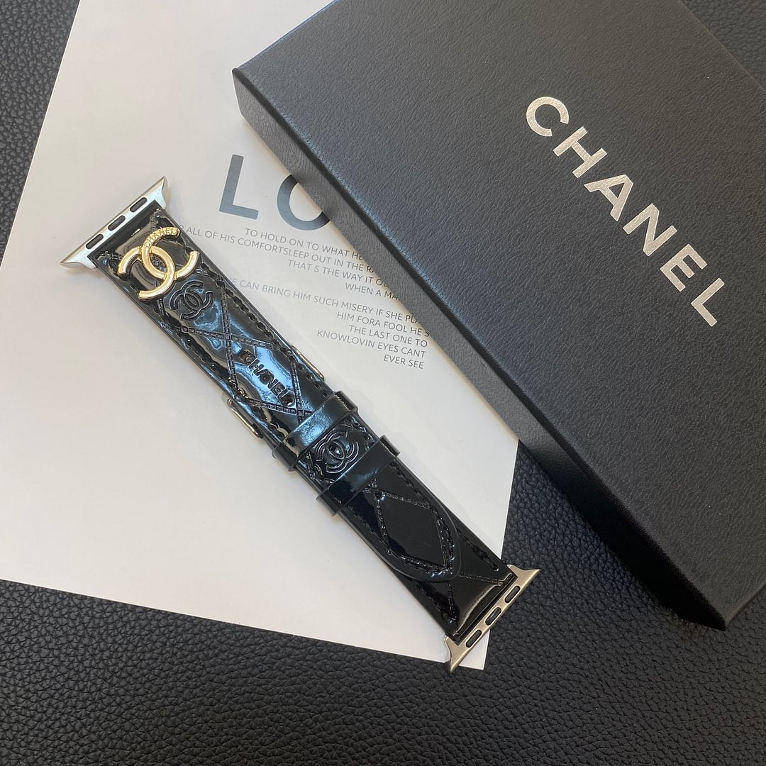 Glossy Leather Apple Watch Strap Luxury Metal Logo mysite