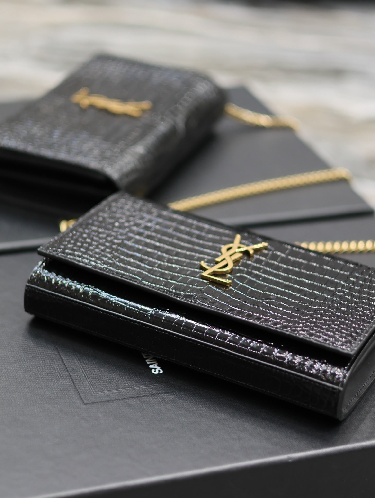 YSL Kate Croc Embossed BLack Gold Hardware - 23x14x3cm mysite
