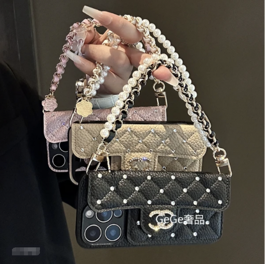Luxury Wallet iPhone Case with Handle/Pearl Chain mysite