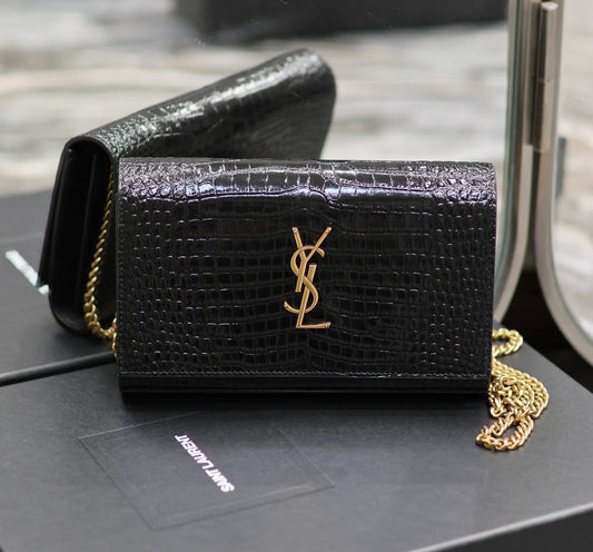 YSL Kate Croc Embossed BLack Gold Hardware - 23x14x3cm mysite