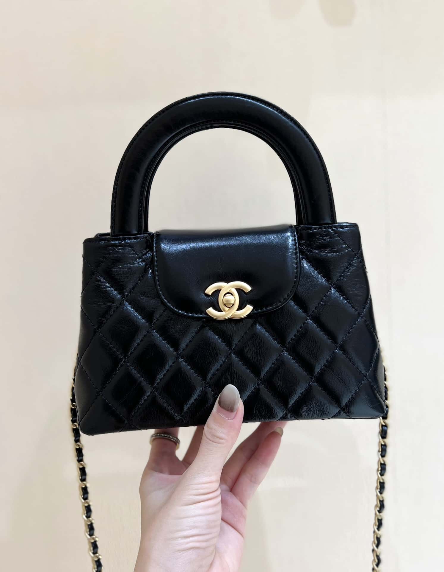 Chanel Kelly Mini Shopping Bag Mini 23K Shiny Aged Calfskin Black 13x19x7cm mysite