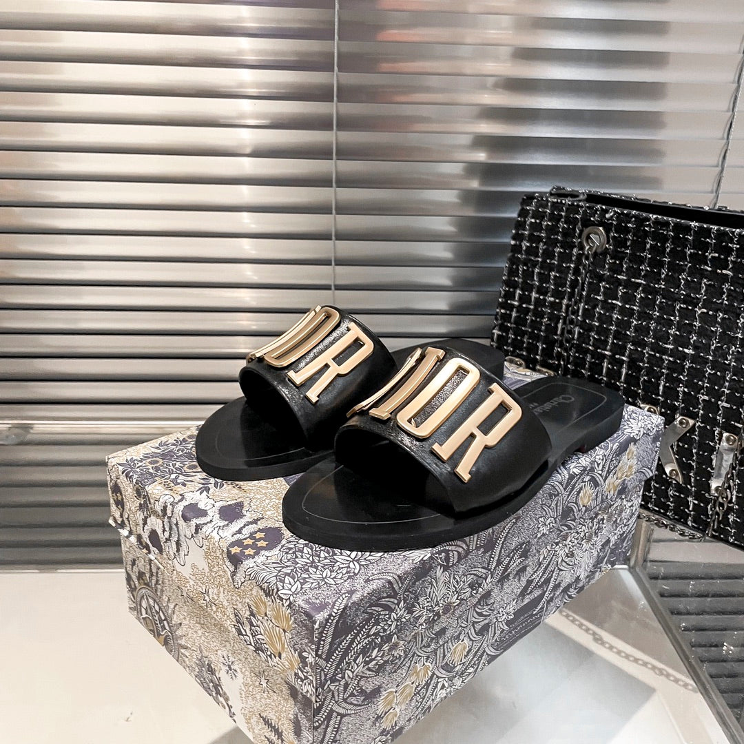 Metal Letters Solid Color Flat Slippers mysite