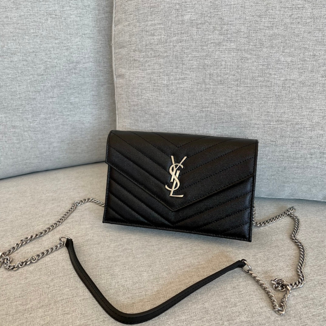 YSL  Cassandre Envelope Chain Wallet Black Grain Leather 19x11.5x4 cm mysite