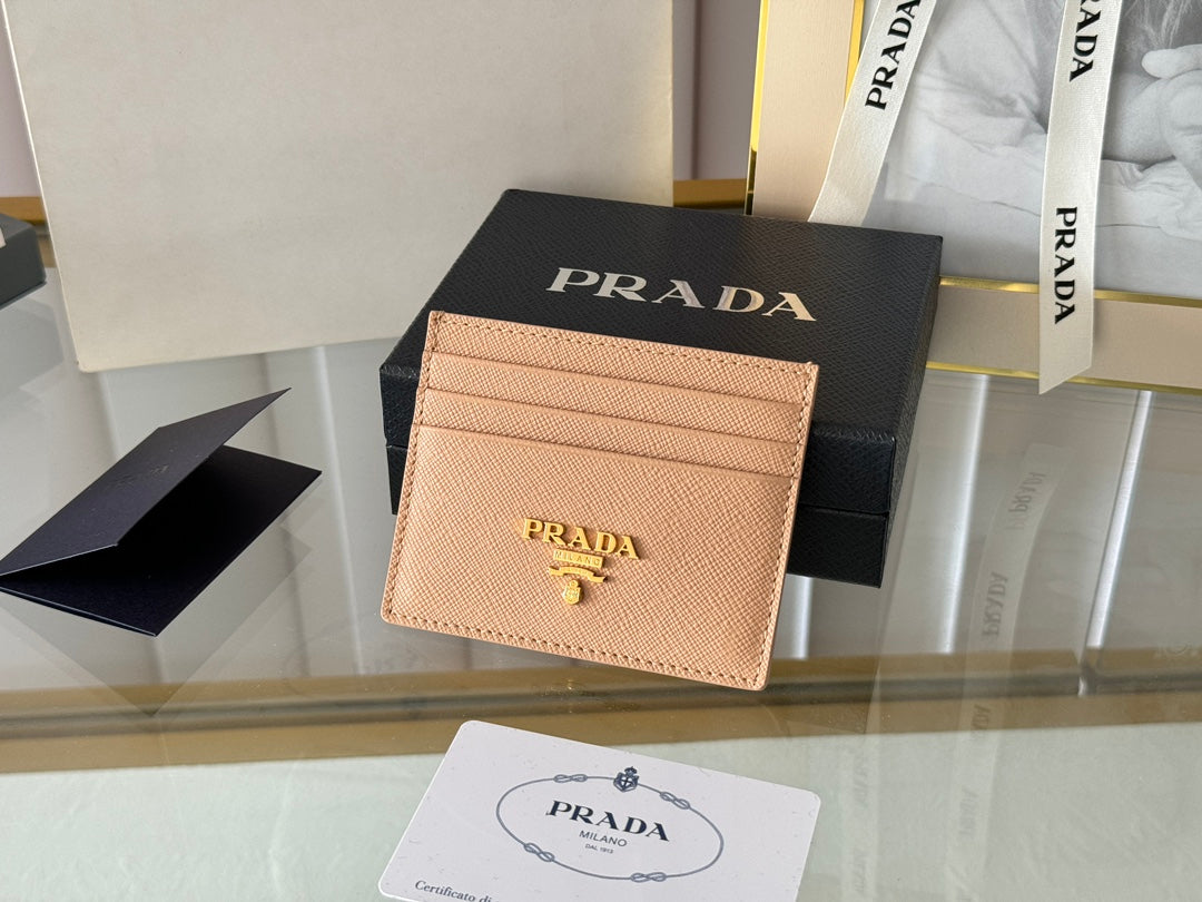 Pra Gold Logo-Stamp Card Holder Beige Saffiano Leather mysite