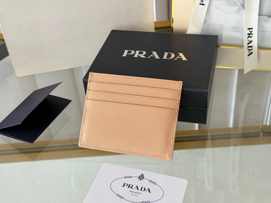 Pra Gold Logo-Stamp Card Holder Beige Saffiano Leather mysite