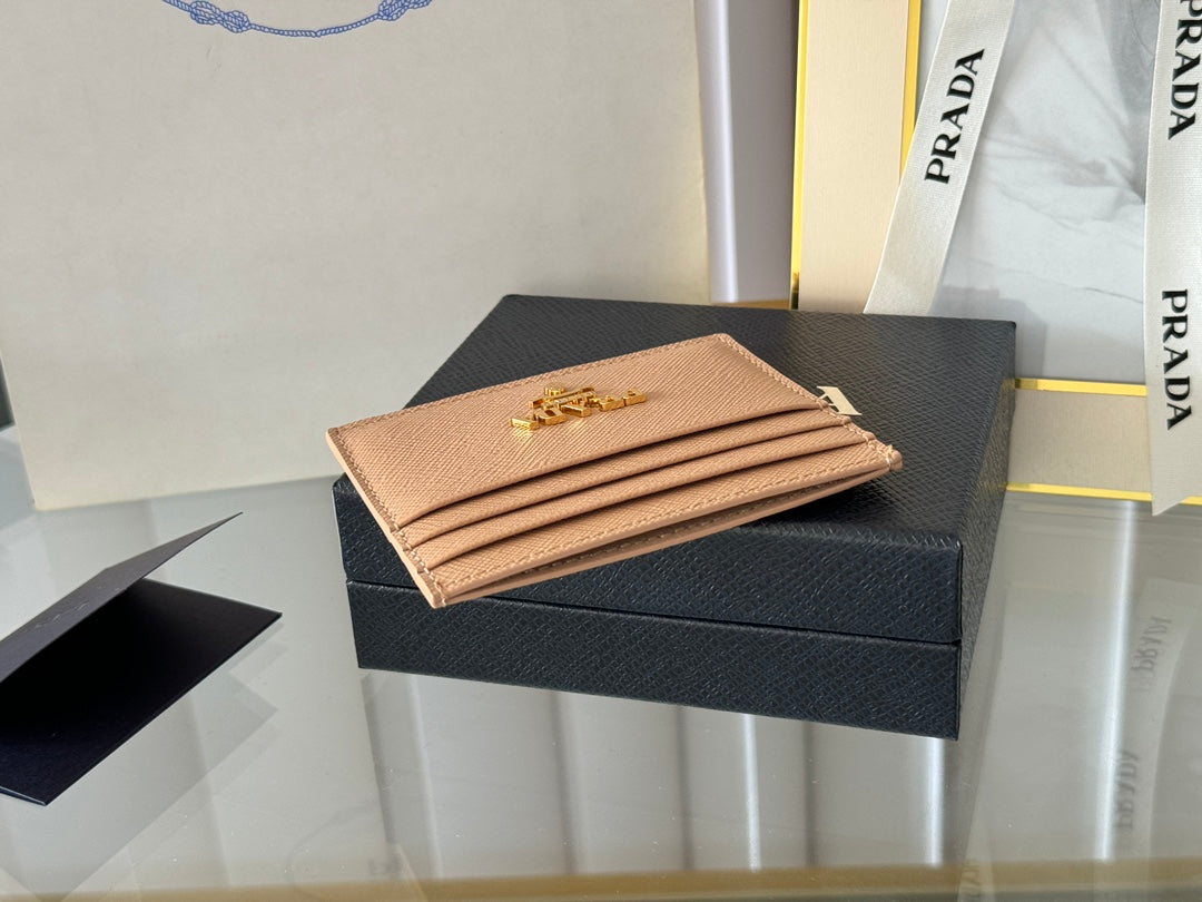 Pra Gold Logo-Stamp Card Holder Beige Saffiano Leather mysite