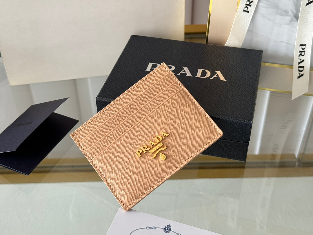 Pra Gold Logo-Stamp Card Holder Beige Saffiano Leather mysite