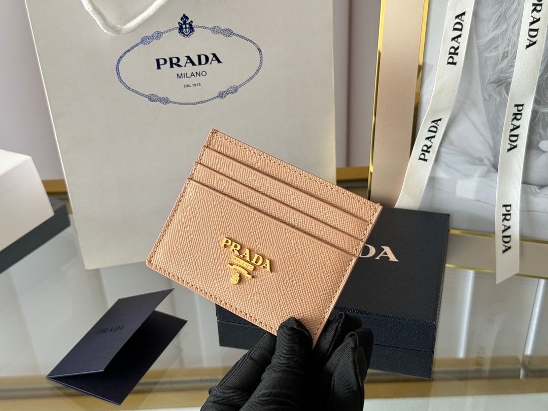Pra Gold Logo-Stamp Card Holder Beige Saffiano Leather mysite