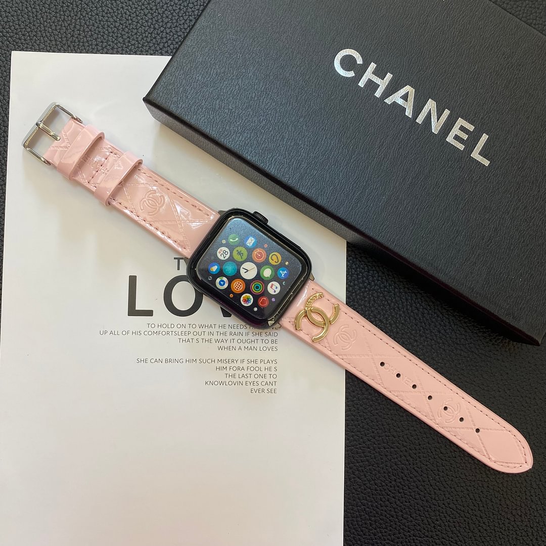 Glossy Leather Apple Watch Strap Luxury Metal Logo mysite