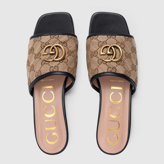 Brown Canvas Embossed Flat Slippers mysite