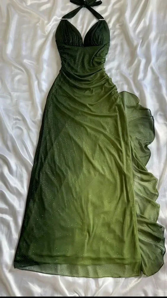 Shiny Green Gradient Long Chiffon Ball Gown Prom Dress Celebrity Dressess mysite