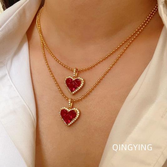 French Luxe Red Heart Pendant Necklace – Dainty Glamour with Full Rhinestones accessories mysite