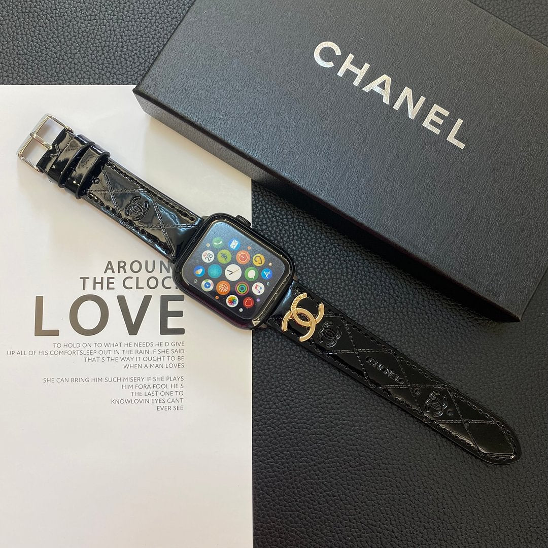 Glossy Leather Apple Watch Strap Luxury Metal Logo mysite