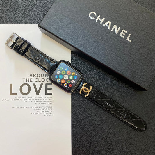 Glossy Leather Apple Watch Strap Luxury Metal Logo mysite