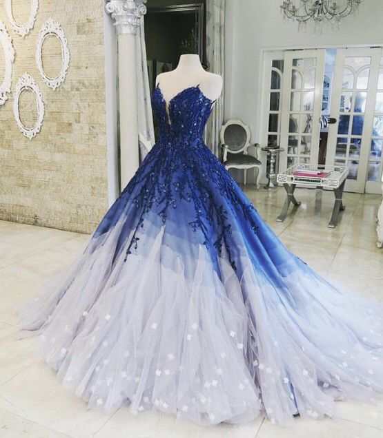 Blue Shiny Elegant V-Neck Applique Gradient Long Ball Gown Prom Dress Evening Dress Adult Ceremony Dress gh3104s mysite