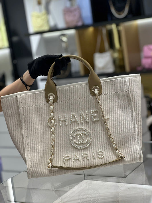 Chanel Natural Canvas and Tan Leather Large Pearl Deauville Tote - 30x39x22cm mysite
