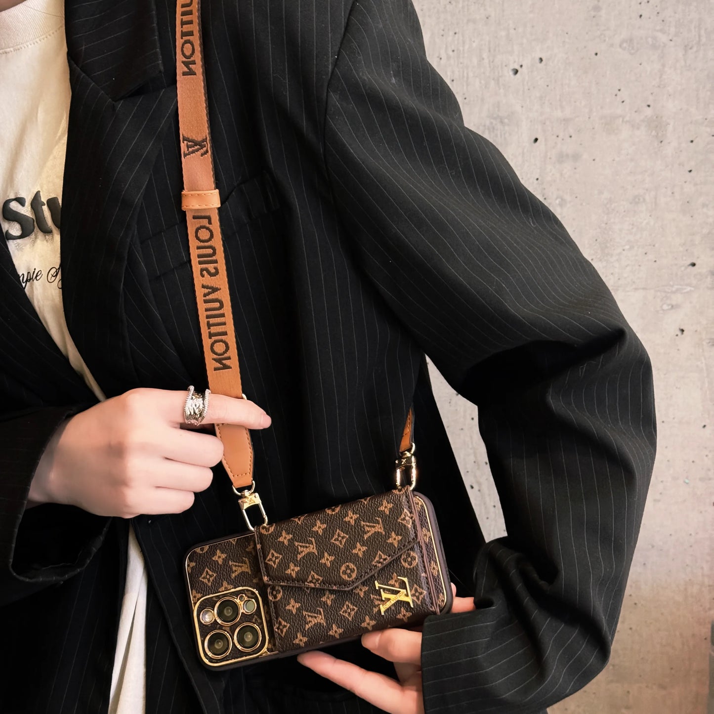 Monogram iPhone Case With Wallet And Strap Brown Small Printing-XFQ240329 mysite