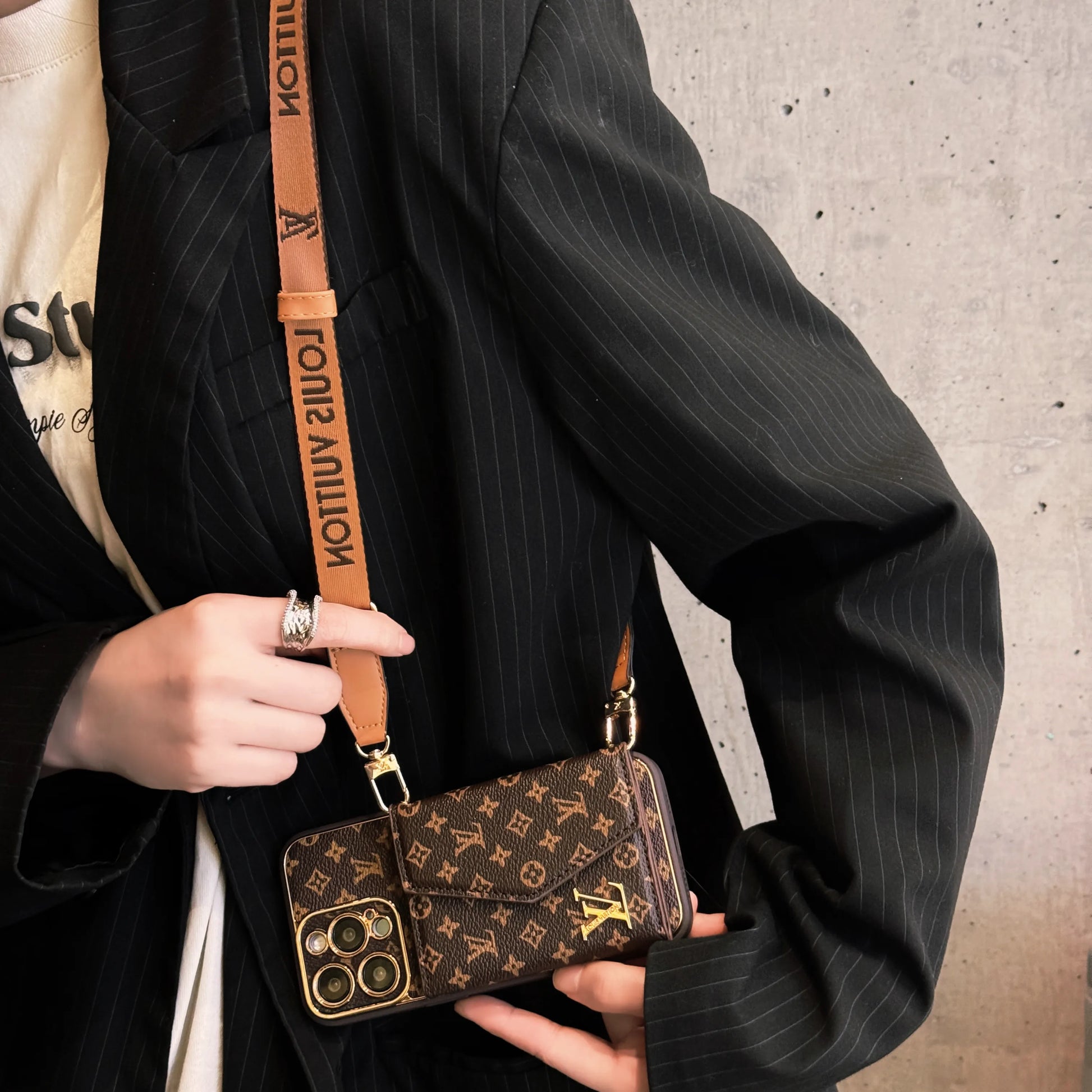 Monogram iPhone Case With Wallet And Strap Brown Small Printing-XFQ240329 mysite