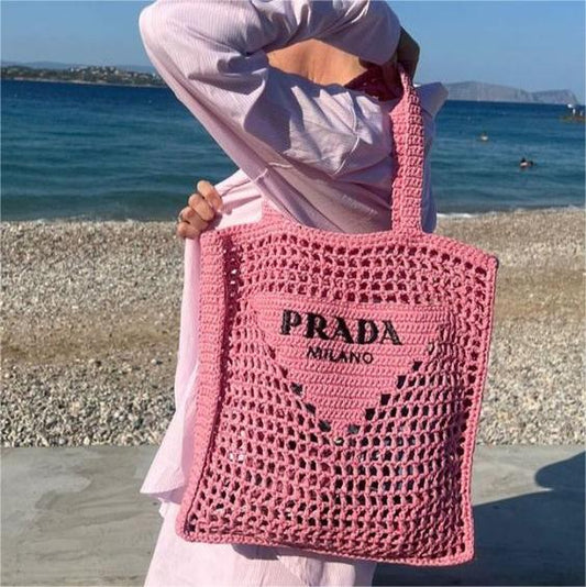 Prada Women's Natural Crochet Tote Bag-Pink mysite