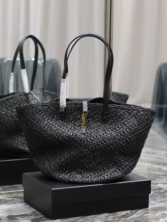 YSL PANIER MEDIUM IN RAFFIA AND VEGETABLE-BLACK LEATHER mysite
